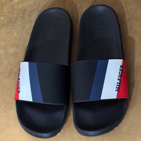 Tommy Hilfiger Signature Ring Slide Sandals 10 Black Red Blue White Striped Logo main image 6